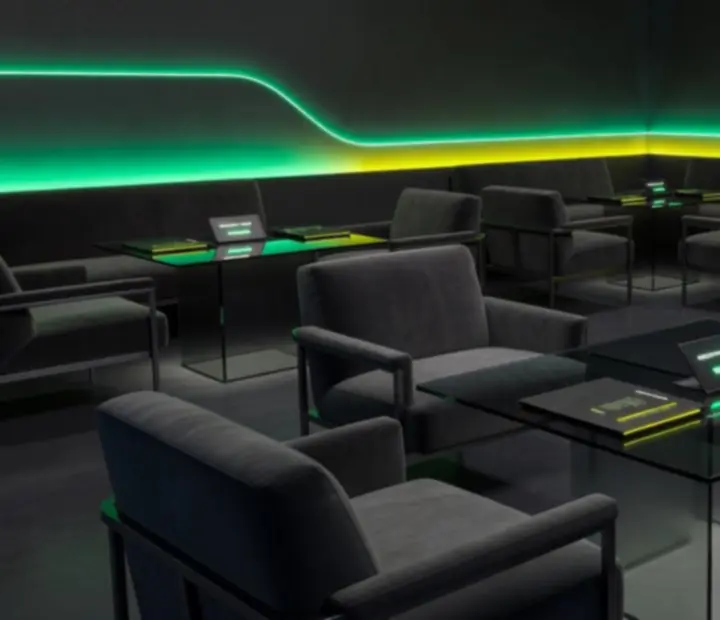 Sötét futurisztikus éttermi enteriőr zöld neonfényekkel