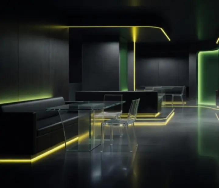Futurisztikus zöld és neon fénnyel megvilágított belső tér