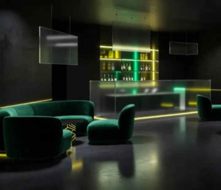 Sötét futurisztikus enteriőr zöld neonfényekkel és lounge ülésekkel