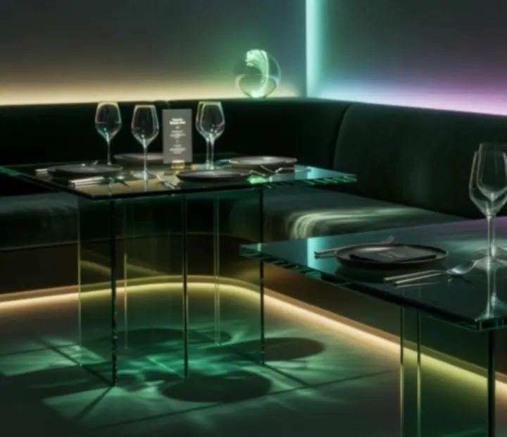 Sötét, futurisztikus lounge stílusú éttermi belső tér neon zöld és sárga fényekkel