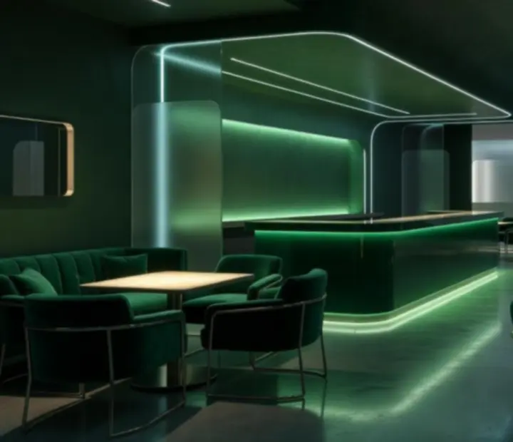 Sötét, futurisztikus lounge hangulatú éttermi tér zöld és sárga fényekkel
