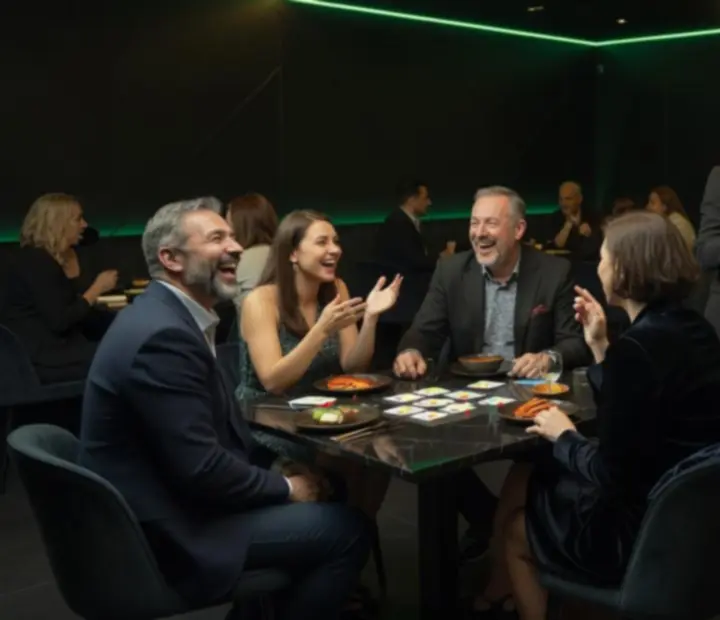 Vendégek egy hangulatos rendezvényen, futurisztikus fények között